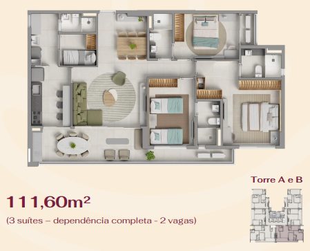 Planta Torre A e B 111m²  ( 3 Andar )