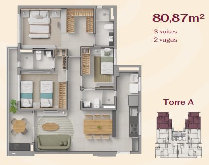 Planta Torre A 80m²  ( 3 Andar )