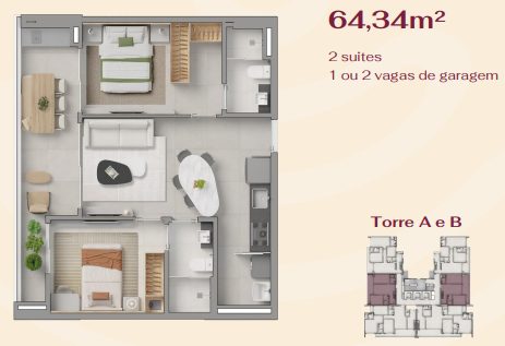 Planta Torre A e B 65m² ( 3 Andar )