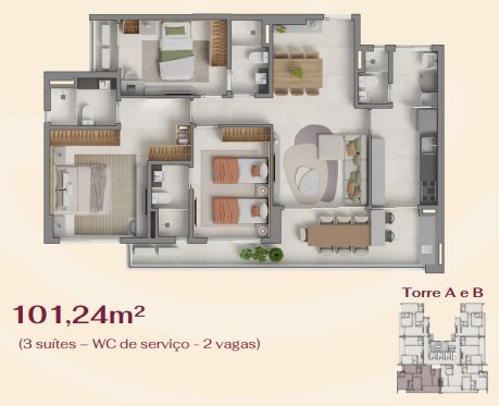 Planta Torre A e B 101m²  ( 3 Andar )